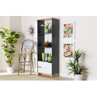 Baxton Studio MPC8006-Oak/Grey/White-Shelf Reed Mid-Century Modern Multicolor 2-Drawer Wood Living Room Bookshelf